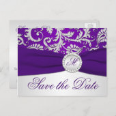 Purple and Silver Damask Save the Date Card (Front/Back)