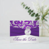 Purple and Silver Damask Save the Date Card (Standing Front)