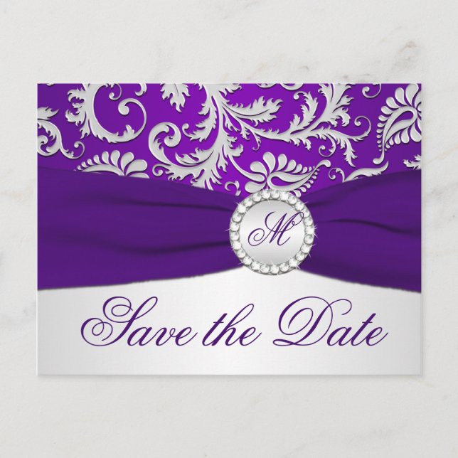 Purple and Silver Damask Save the Date Card (Front)