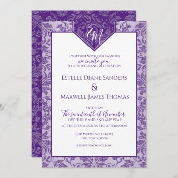 Purple And Silver Damask Shield Banner Monogram Invitation by happygotimes at Zazzle