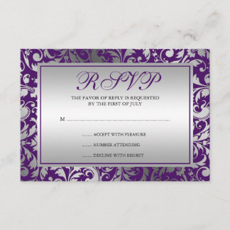 Purple and Silver Damask Swirls Response Card