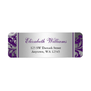 Purple and Silver Damask Swirls Return Address Label