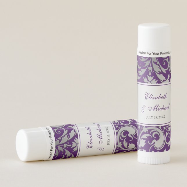 Purple and Silver Damask Swirls Wedding Favors Lip Balm (Front)