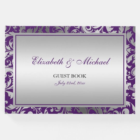 Purple and Silver Damask Swirls Wedding Guest Book