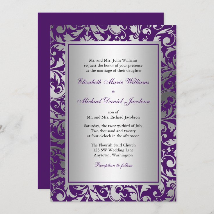 Purple and Silver Damask Swirls Wedding Invitation | Zazzle