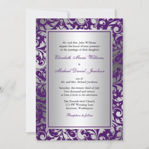 Purple and Silver Damask Swirls Wedding Invitation