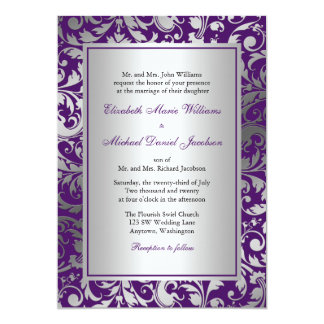 Purple and Silver Damask Swirls Wedding Invitation
