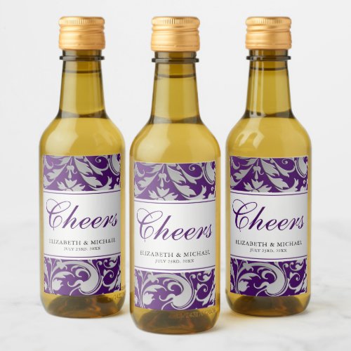 Purple and Silver Damask Swirls Wedding Mini Wine Label