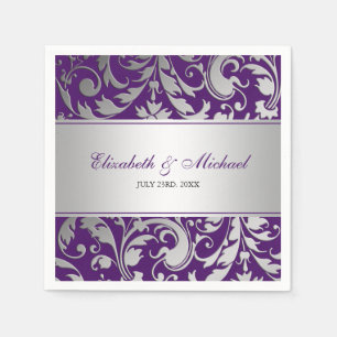 Purple and Silver Damask Swirls Wedding Paper Napkins