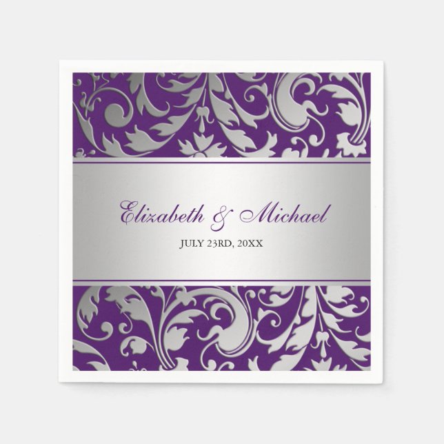 Purple and Silver Damask Swirls Wedding Paper Napkins (Front)