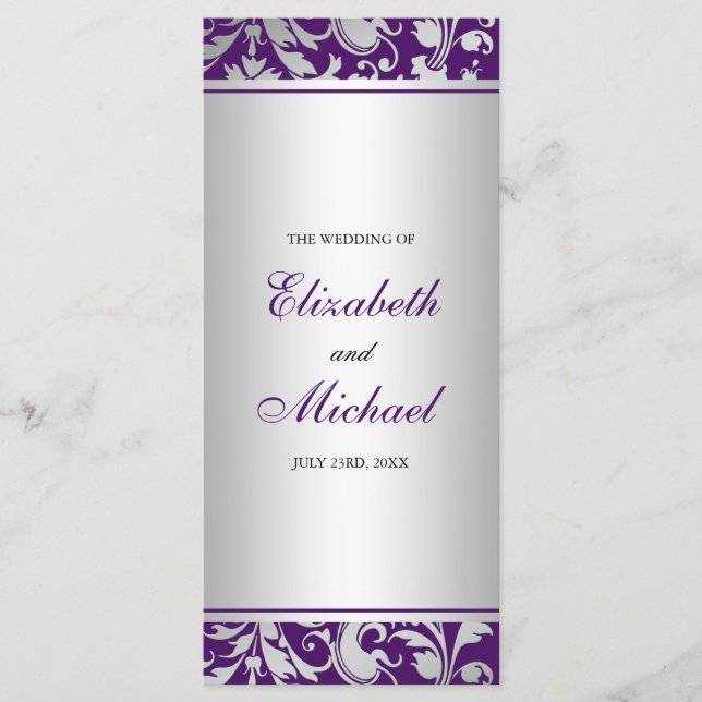 Purple and Silver Damask Swirls Wedding Program (Front)