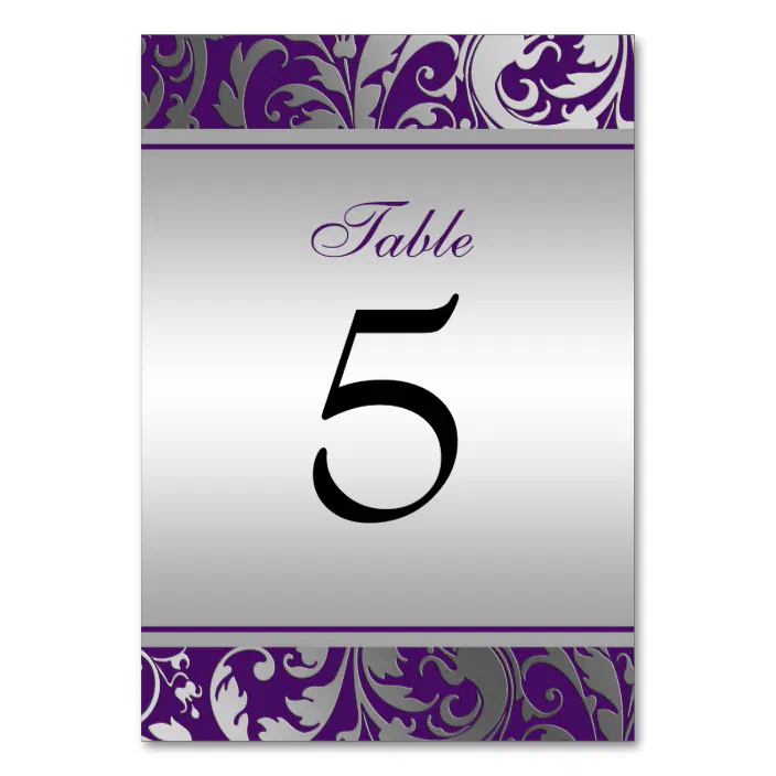 Lilac Purple Black Damask & Diamond Personalised Wedding Table Number Name Cards