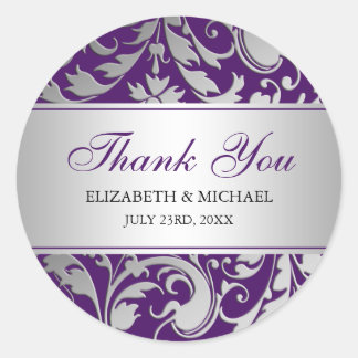 Purple and Silver Damask Swirls Wedding Thank You Classic Round Sticker