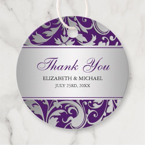 Purple and Silver Damask Swirls Wedding Thank You Favor Tags
