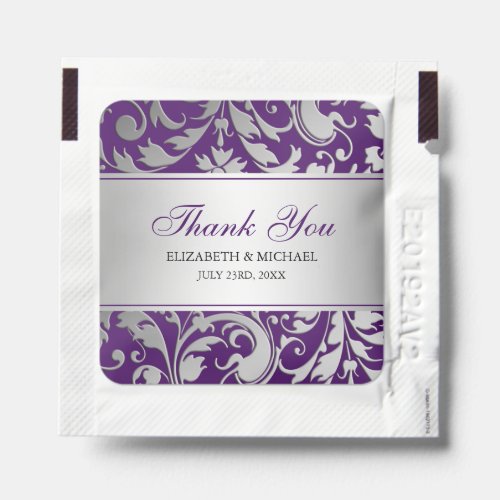 Purple and Silver Damask Swirls Wedding Thank You Hand Sanitizer Packet