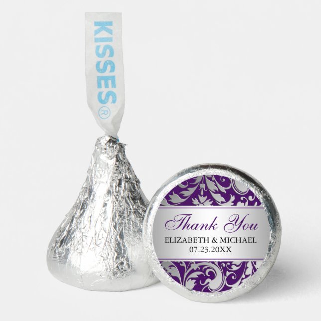 Purple and Silver Damask Swirls Wedding Thank You Hershey®'s Kisses® (Front)