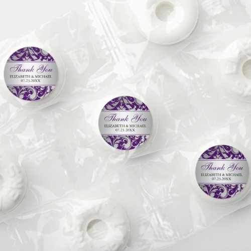 Purple and Silver Damask Swirls Wedding Thank You Life Saver Mints