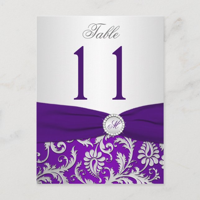 Purple and Silver Damask Table Number Card (Front)