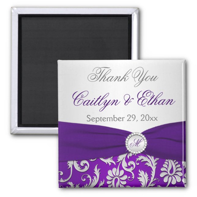 Purple and Silver Damask Wedding Favor Magnet (Front)