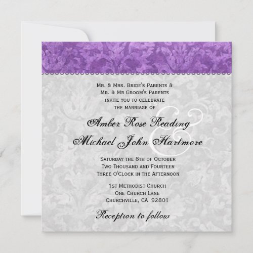Purple and Silver Damask Wedding Invitation