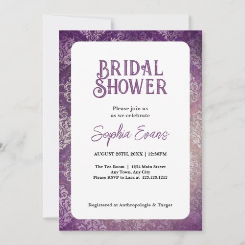 Purple and Silver Damask White Bridal Shower Invitation