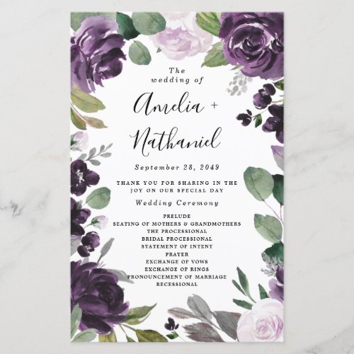 Purple and Silver Elegant Floral Wedding Programs