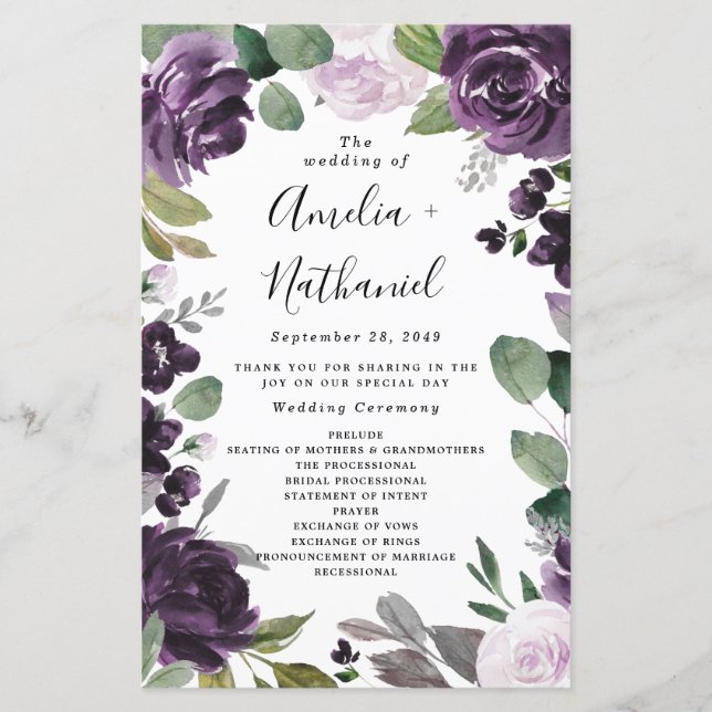 Purple and Silver Elegant Floral Wedding Programs (Front)