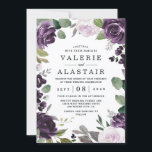 Purple and Silver Elegant Floral White Wedding Invitation<br><div class="desc">Design features elegant roses,  peonies and other flower elements in various shades of light and dark purples with gray - silver,  mixed green shades of greenery and eucalyptus foliage that create a unique watercolor wreath.</div>