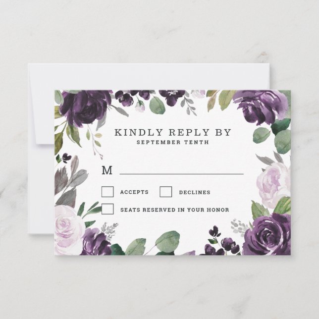 Purple and Silver Elegant Floral White Wedding RSVP Card (Front)