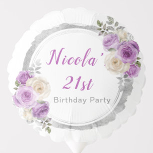 Purple and Silver Elegant Flowers Birthday Balloon