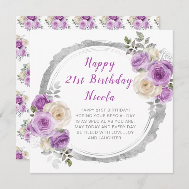 Purple and Silver Elegant Flowers Birthday Card (Front/Back)