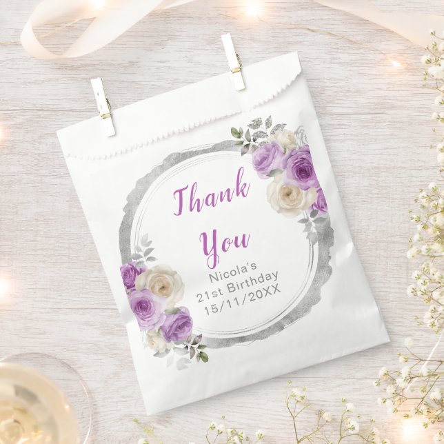 Purple and Silver Elegant Flowers Birthday Favor Bag (Clipped)