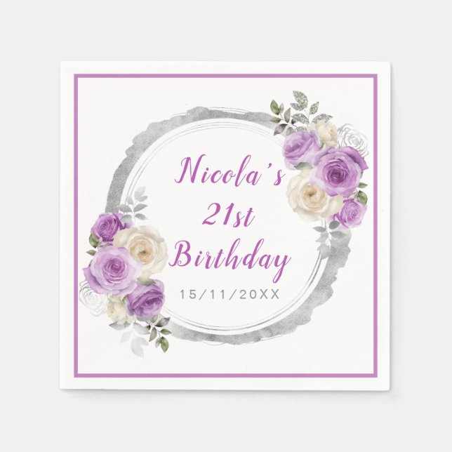 Purple and Silver Elegant Flowers Birthday Napkins (Front)