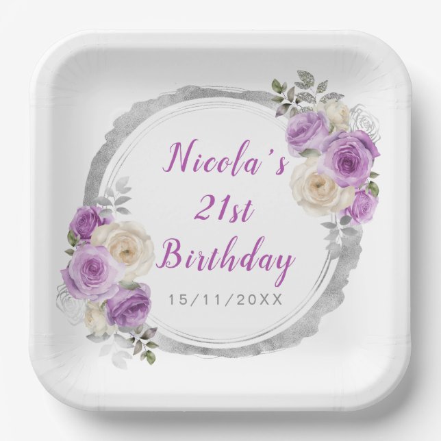 Purple and Silver Elegant Flowers Birthday Paper Plates (Front)