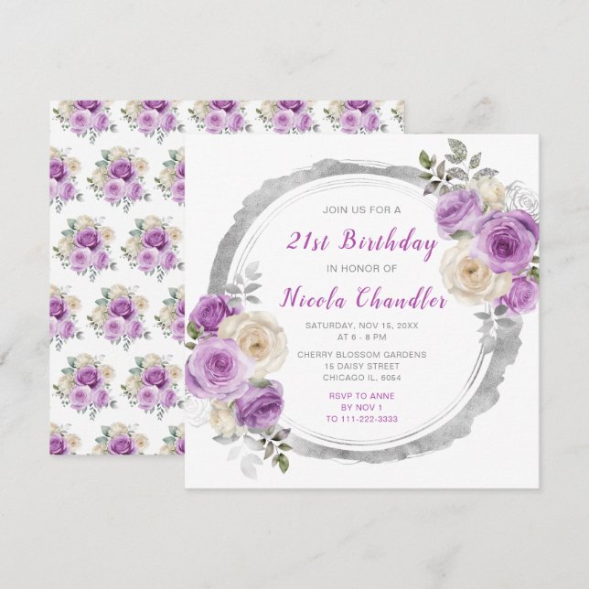 Purple and Silver Elegant Flowers Birthday Party Invitation (Front/Back)