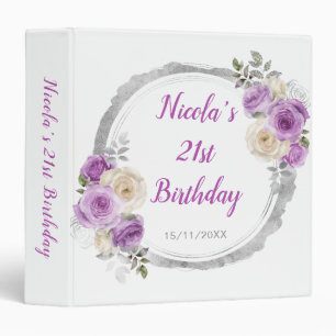 Purple and Silver Elegant Flowers Birthday Photo 3 Ring Binder