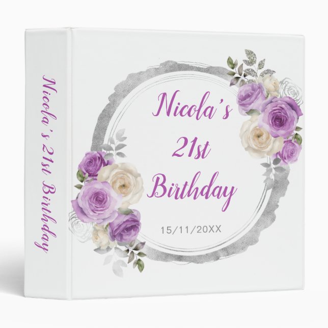 Purple and Silver Elegant Flowers Birthday Photo 3 Ring Binder (Front/Spine)