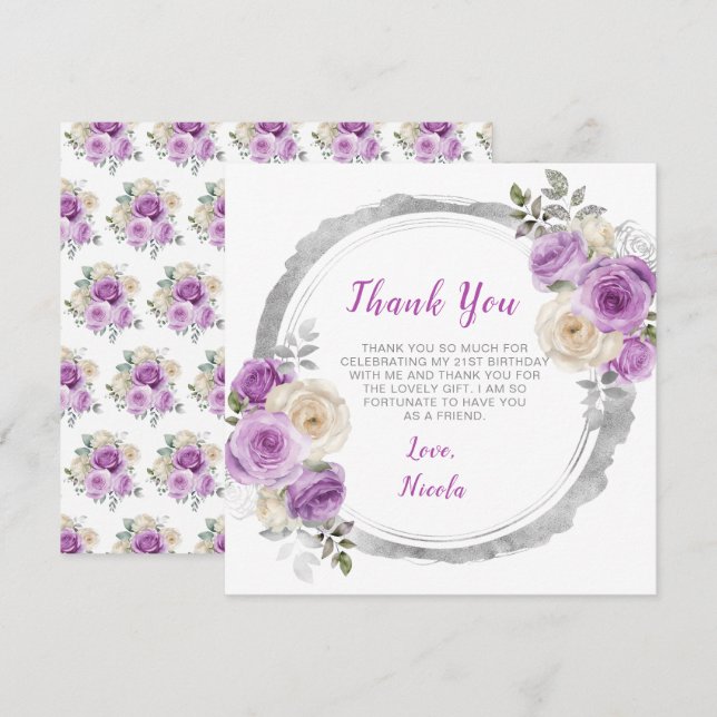 Purple and Silver Elegant Flowers Birthday Thank You Card (Front/Back)