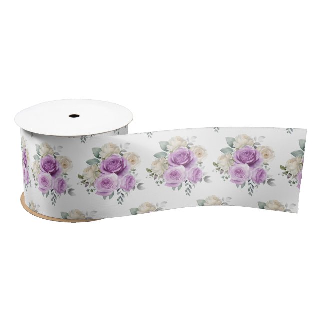 Purple and Silver Elegant Flowers Satin Ribbon (Spool)