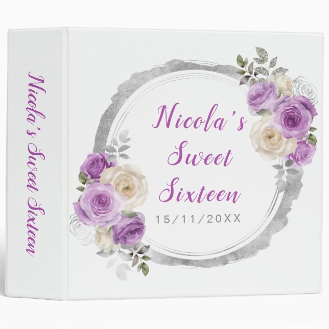 Purple and Silver Elegant Flowers Sweet Sixteen 3 Ring Binder (Front/Spine)