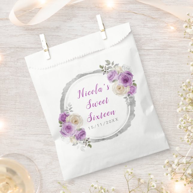 Purple and Silver Elegant Flowers Sweet Sixteen Favor Bag (Clipped)