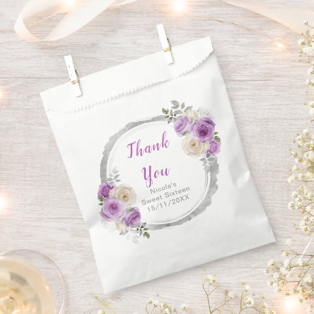 Purple and Silver Elegant Flowers Sweet Sixteen Favor Bag (Clipped)