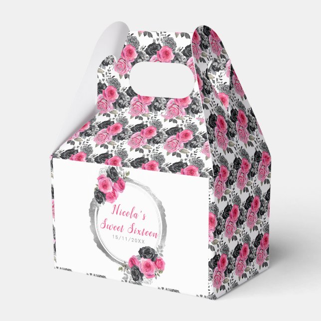 Purple and Silver Elegant Flowers Sweet Sixteen Favor Boxes (Front Side)