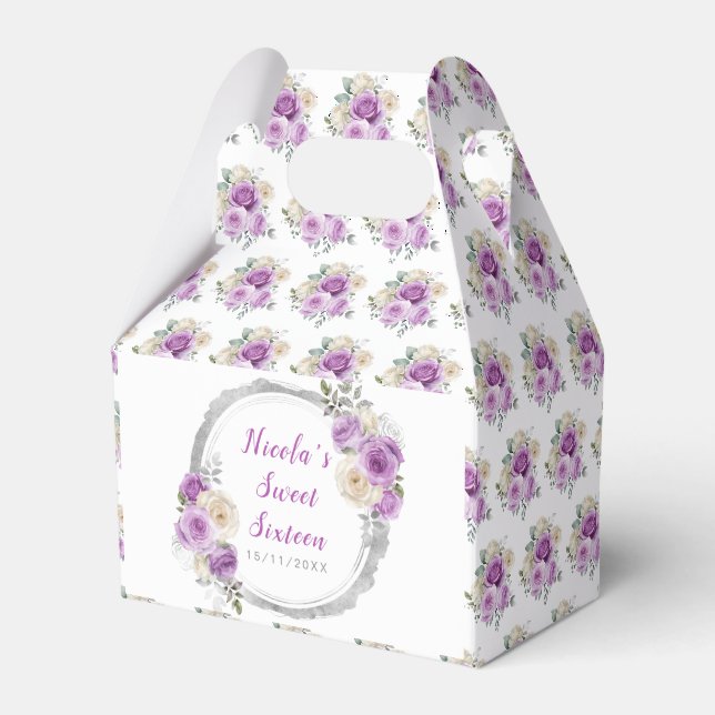 Purple and Silver Elegant Flowers Sweet Sixteen Favor Boxes (Front Side)