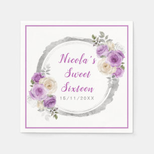 Purple and Silver Elegant Flowers Sweet Sixteen Napkins