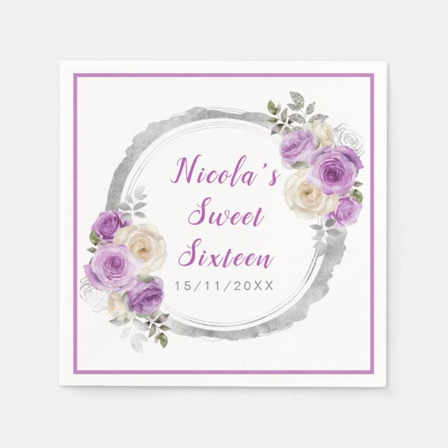 Purple and Silver Elegant Flowers Sweet Sixteen Napkins (Front)