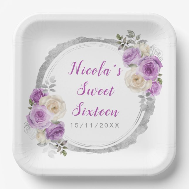 Purple and Silver Elegant Flowers Sweet Sixteen Paper Plates (Front)