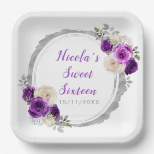 Purple and Silver Elegant Flowers Sweet Sixteen Paper Plates