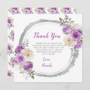 Purple and Silver Elegant Flowers Sweet Sixteen Thank You Card