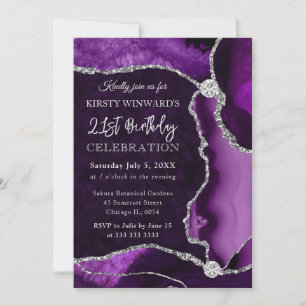 Purple and Silver Faux Glitter Agate Birthday Invitation